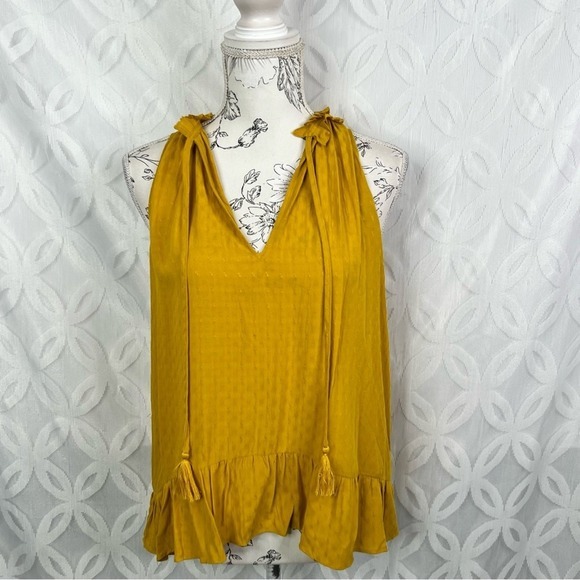 Ramy Brook Joni Sleeveless Ruffle-Hem Tassel Tie Mustard Top‎ Size S NWT - Picture 6 of 9